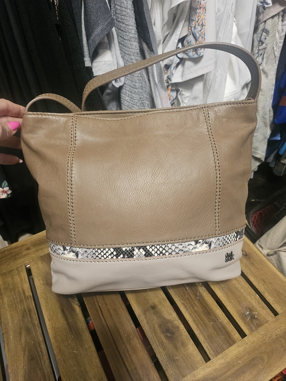 The Sak Taupe and Cream Leather Shoulder Bag with Snake-Print Trim
